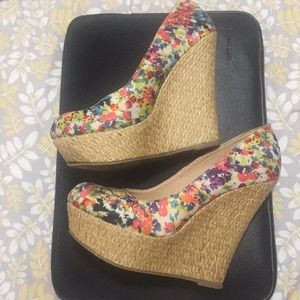Brash Multicolored Floral Wedges